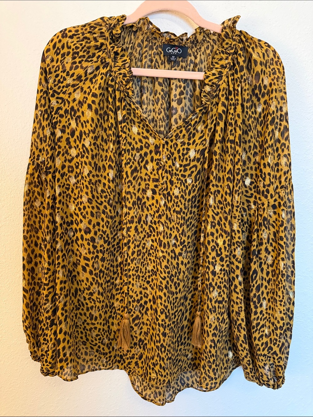 Leopard-Print Tie-Neck Tunic in Mustard